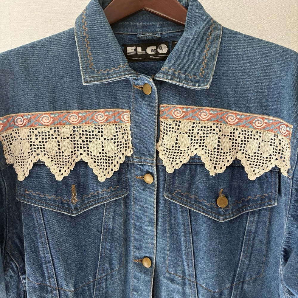 Vintage Elco Handmade Denim Jacket Embroidered Owl And Lace  Small Buttons - Picture 6 of 9